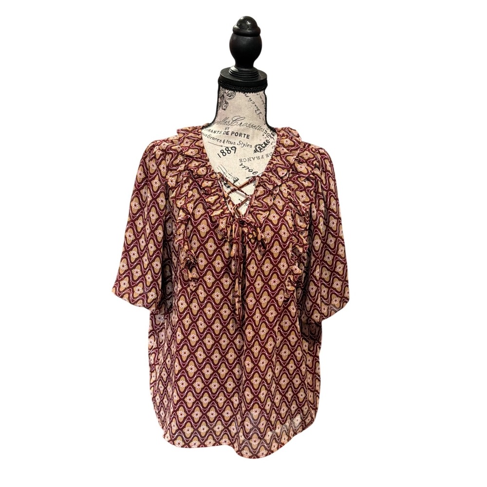 LOFT Womens XL Burgundy Geometric Floral Ruffle Lace Up Short Sleeve Blouse‎ Top